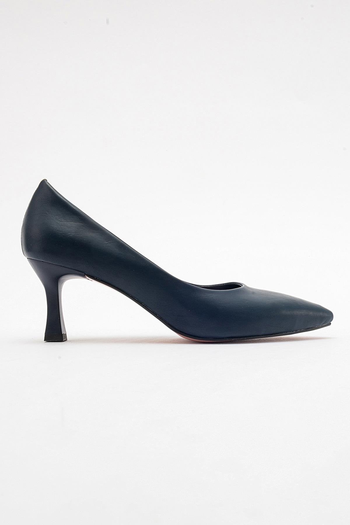 Pedra - Navy Heeled Shoe – top view showing leather, Vowalisse