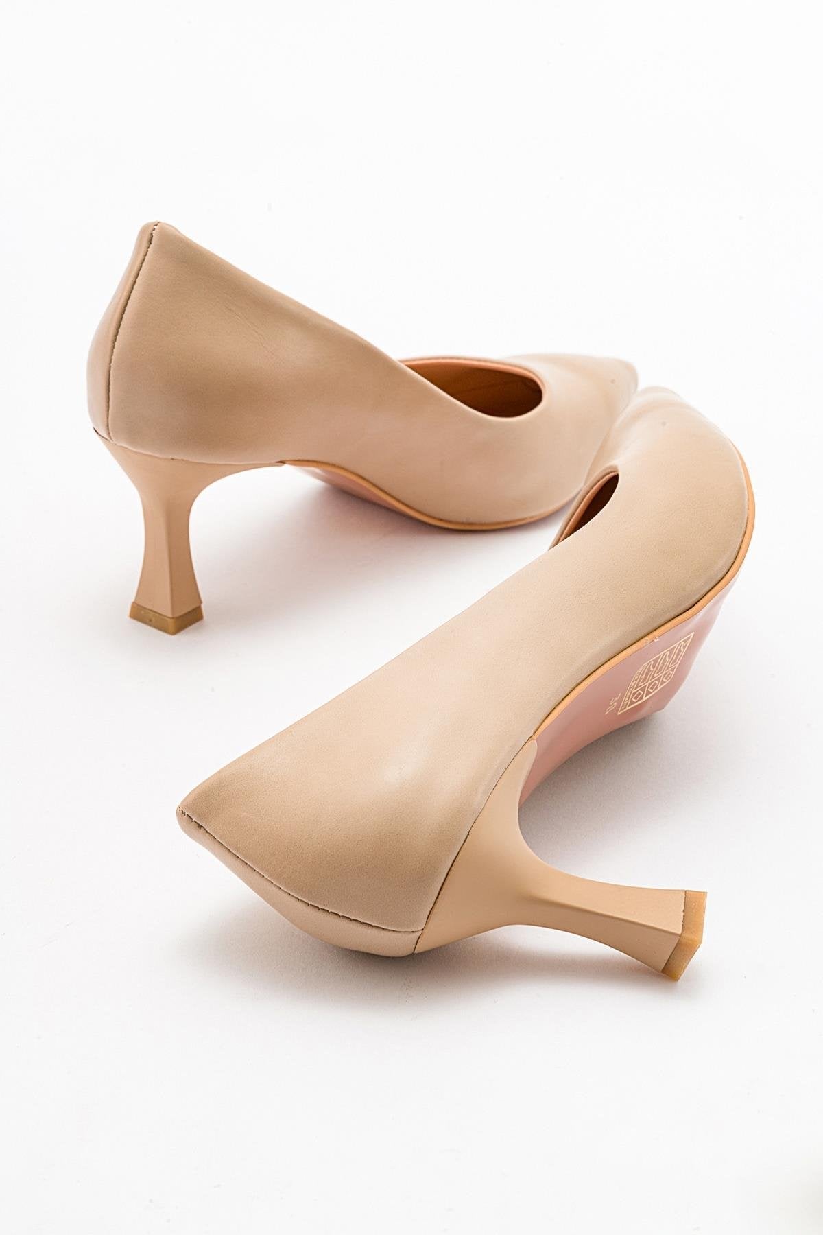 Pedra - Nude Heeled Shoe – side view showing leather, nude, Vowalisse