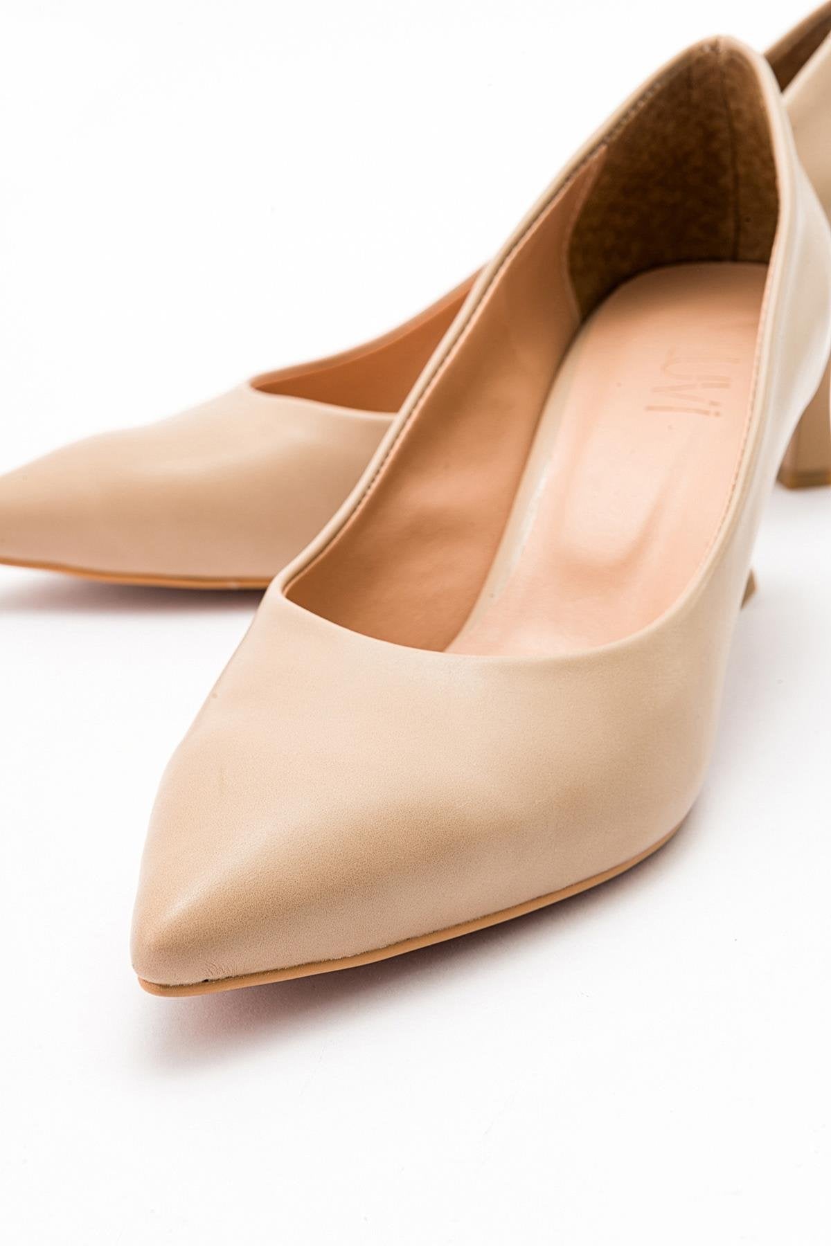 Pedra - Nude Heeled Shoe – back view showing leather, nude, Vowalisse