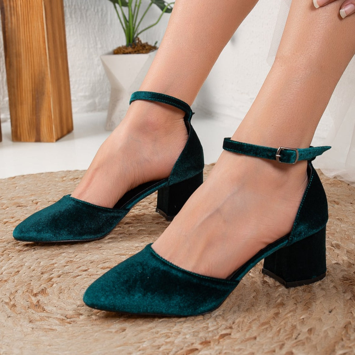 Marcelle - Emerald Green Velvet Bridal Shoes – heel view showing velvet, green, Vowalisse