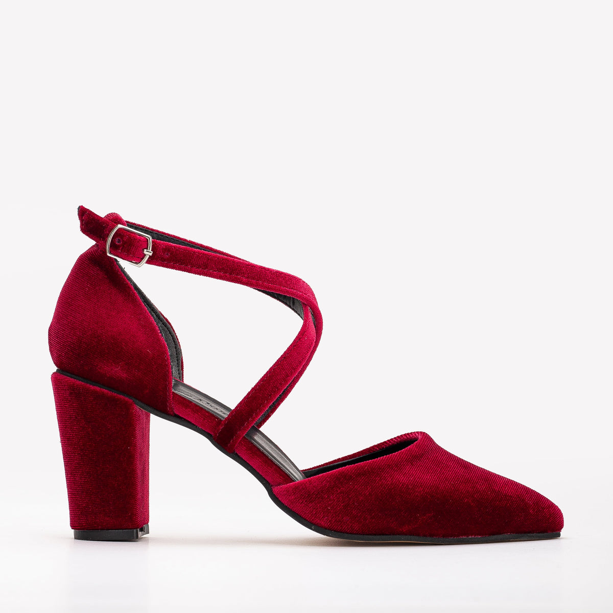 Sina - Burgundy Velvet High Heels – front three-quarter view showing velvet, red, Vowalisse