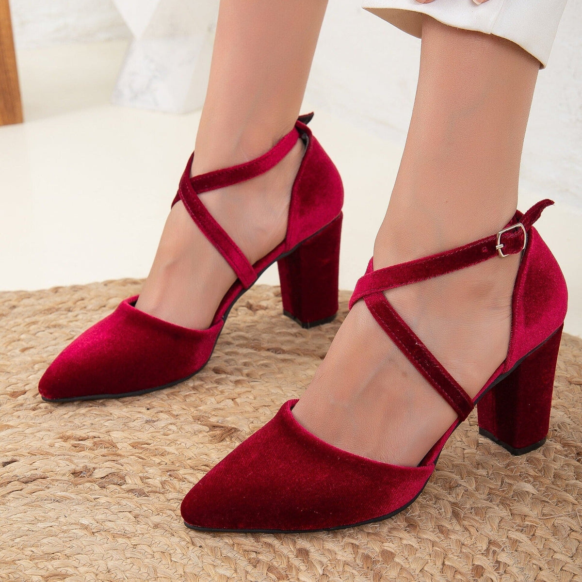 Sina - Burgundy Velvet High Heels – side view showing velvet, red, Vowalisse