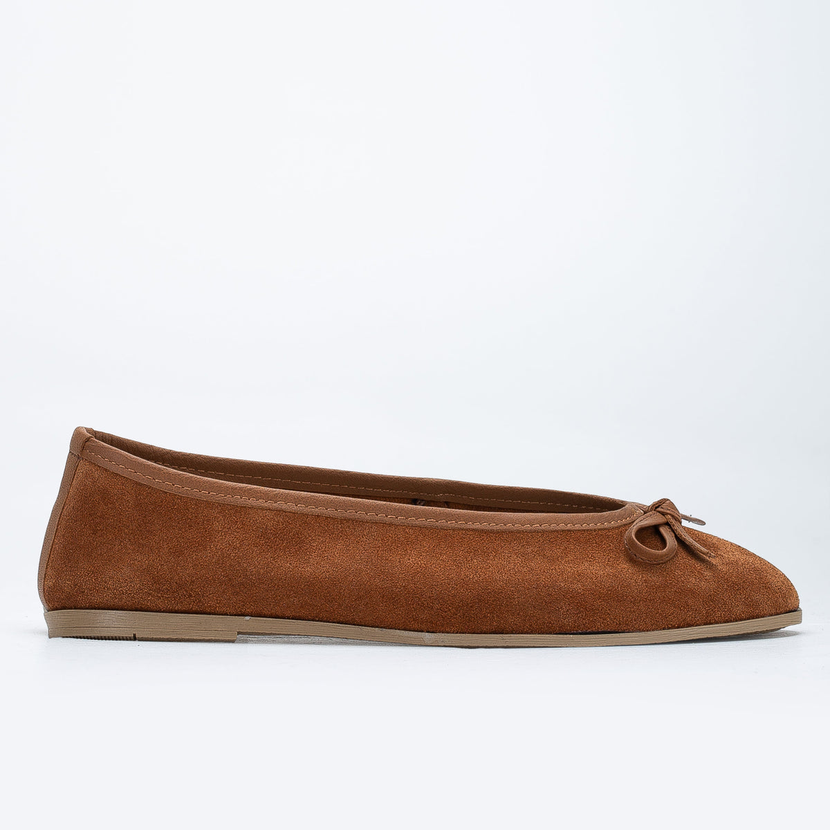 Freya - Cognac Suede Ballerina Flats – side view showing bow, leather, suede, Vowalisse