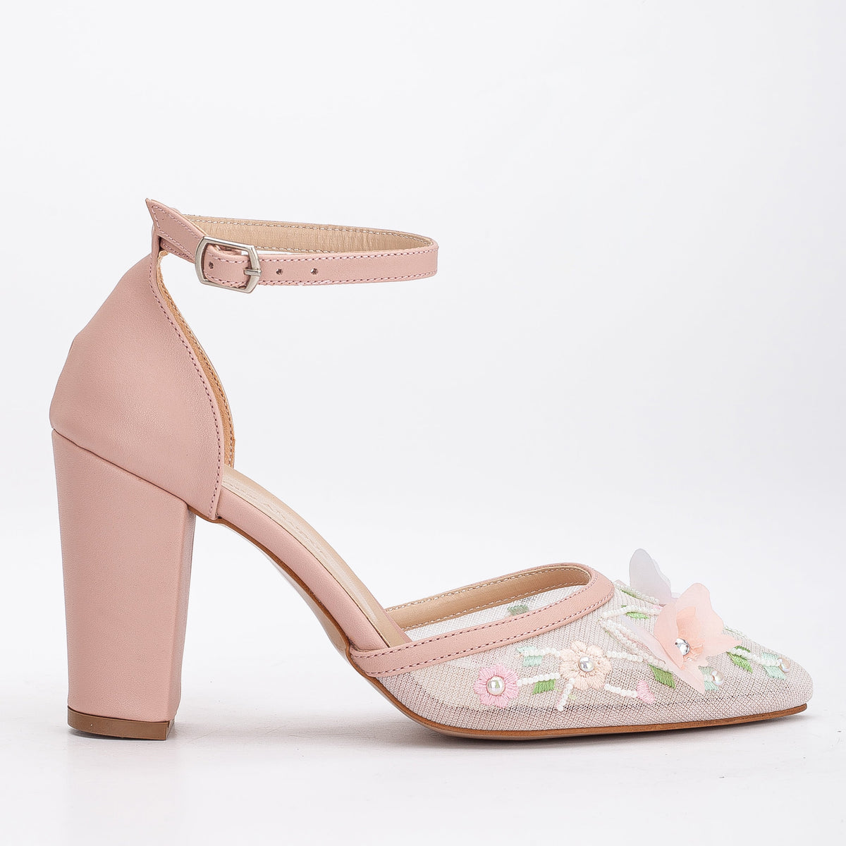 Ivy - Blush 3D Floral Lace Wedding Shoes – front three-quarter view showing pearl, lace, leather, Vowalisse