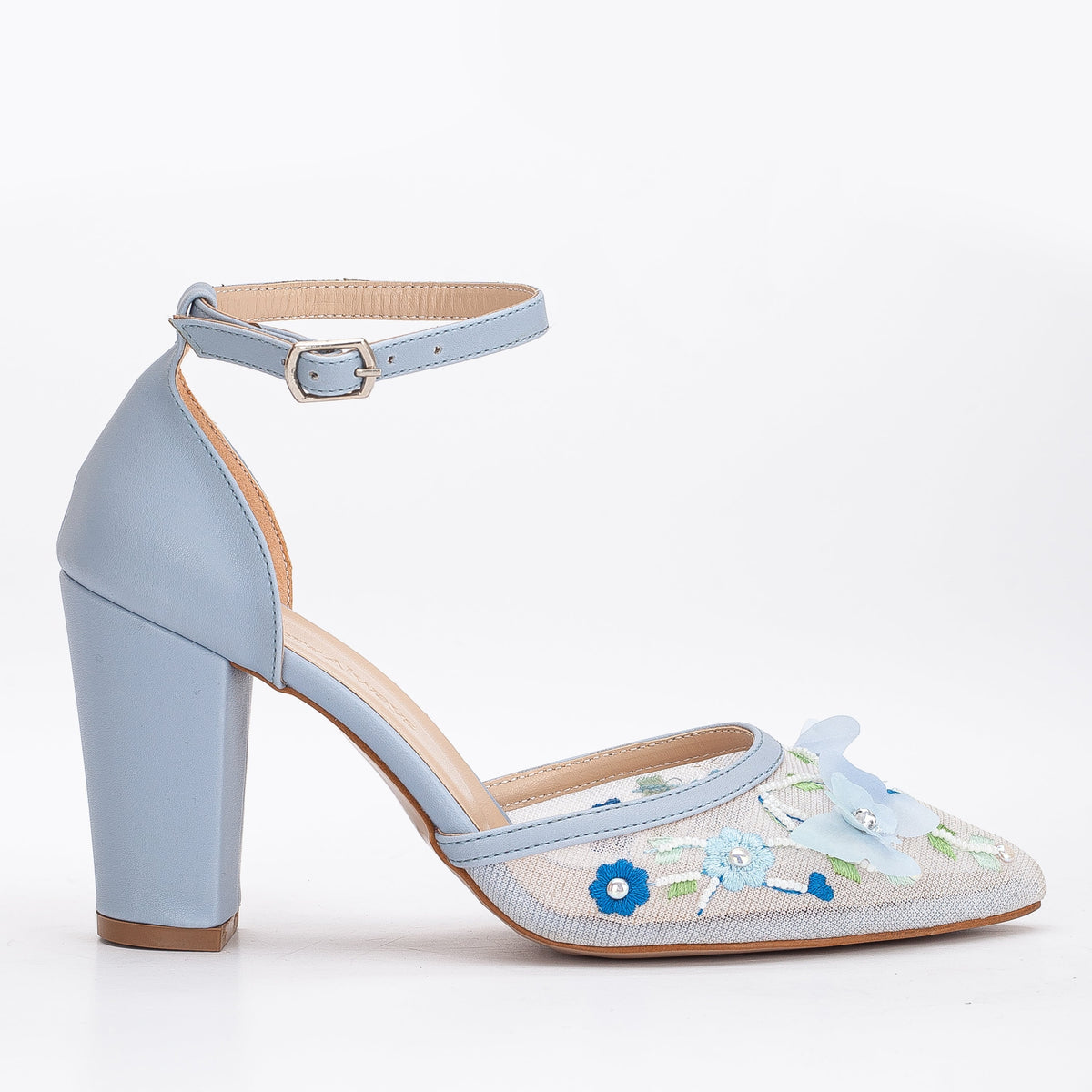 Ivy - Blue 3D Floral Lace Wedding Shoes – front three-quarter view showing pearl, lace, leather, Vowalisse