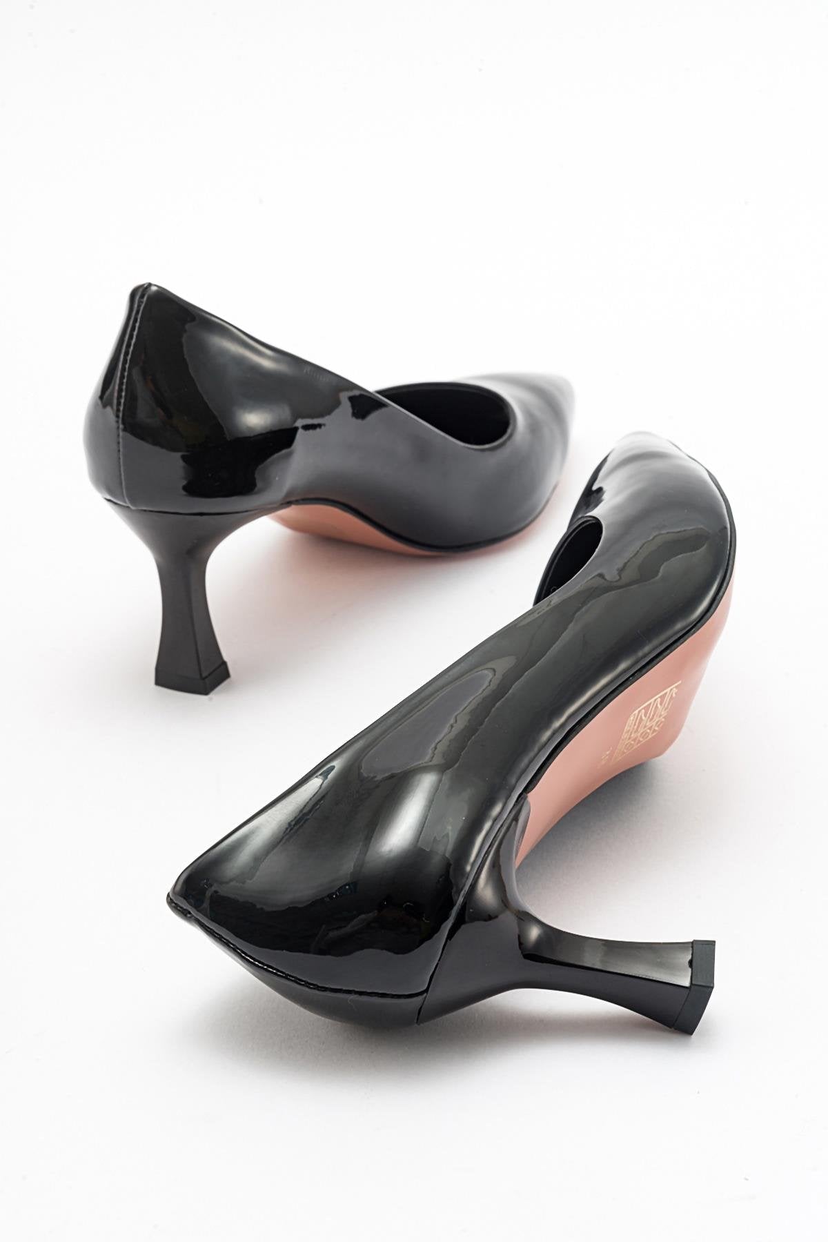 Pedra - Black Heeled Shoe – side view showing leather, black, Vowalisse