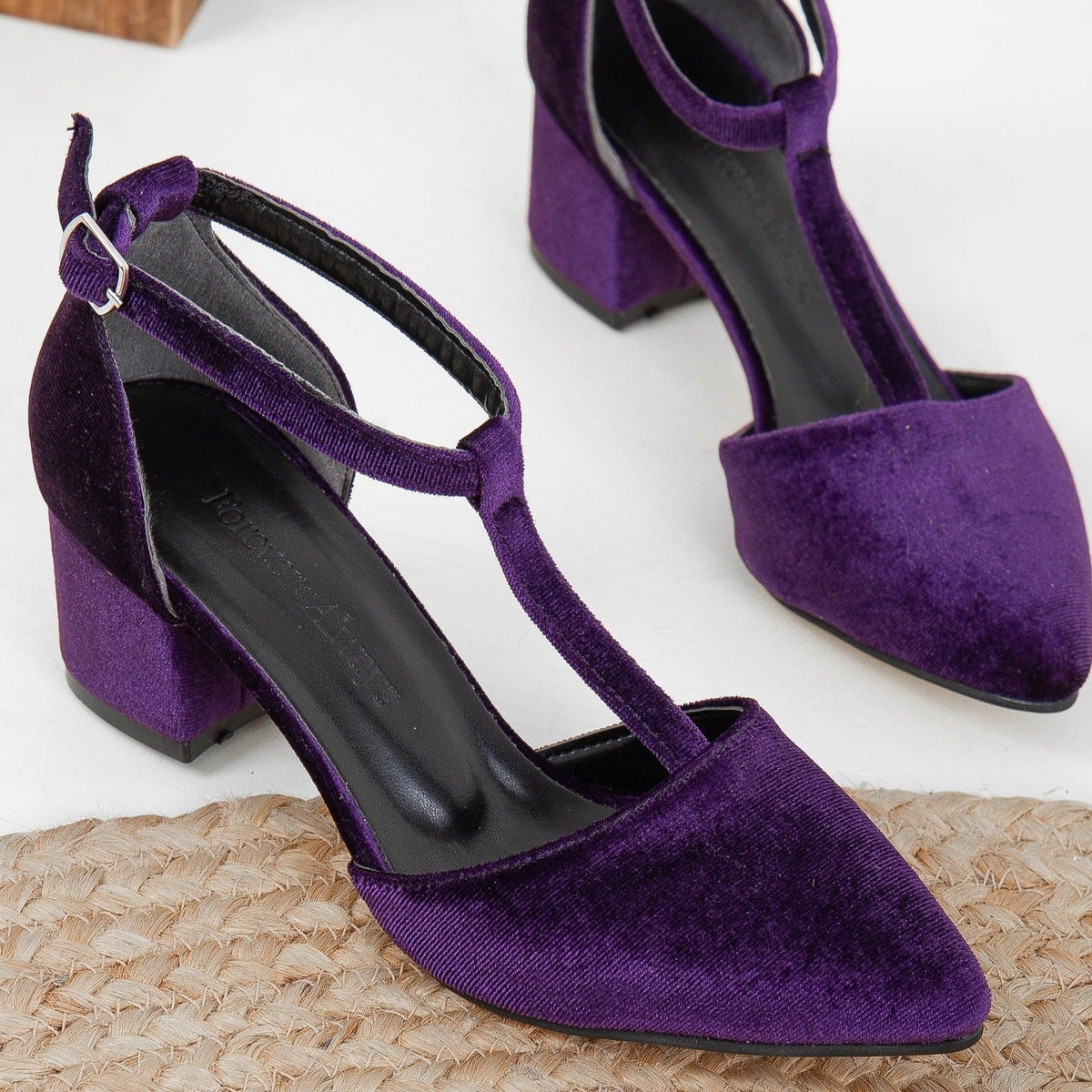 Anicette - Purple Velvet Heels – heel view showing velvet, Vowalisse