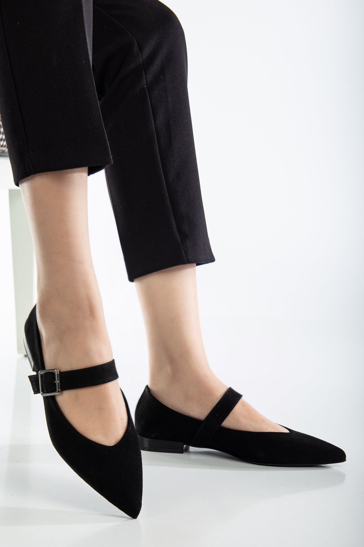 Willow - Black Suede Leather Mary Jane Flats – side view showing leather, suede, black, Vowalisse