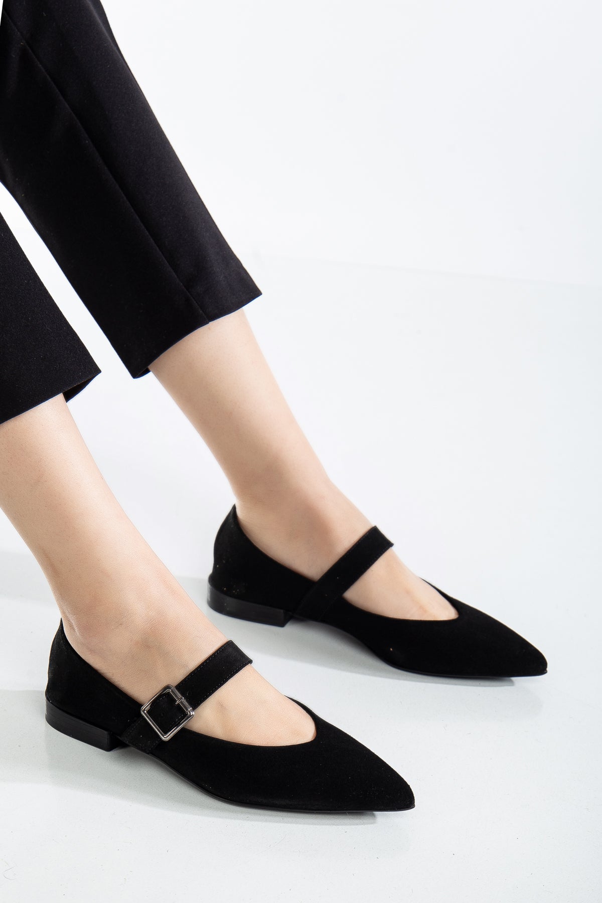 Willow - Black Suede Leather Mary Jane Flats – detail view showing leather, suede, black, Vowalisse