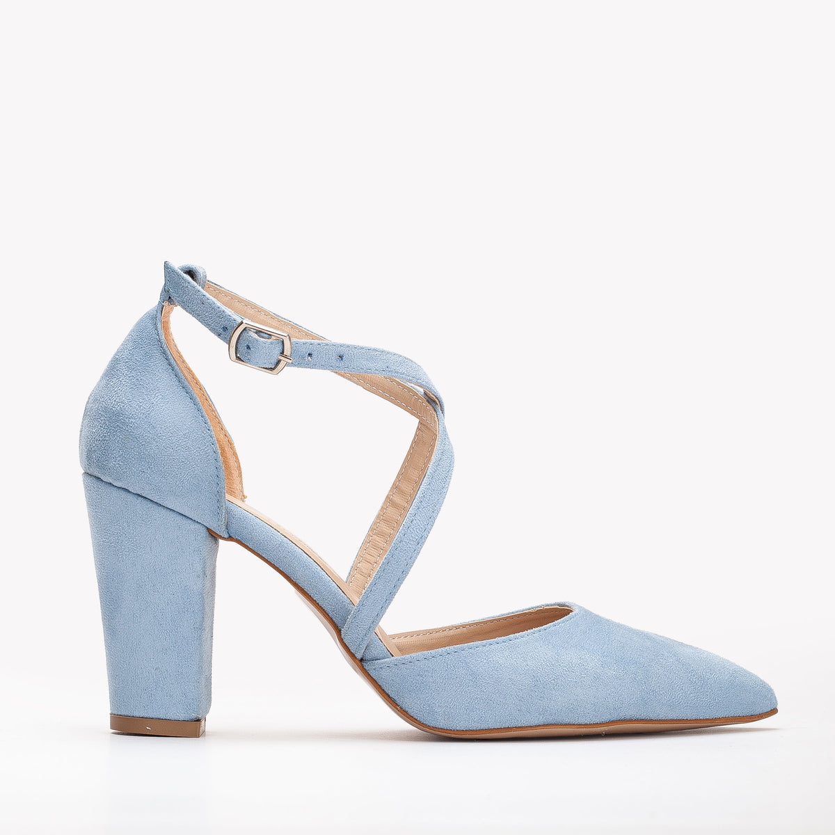 Sina - Baby Blue Suede Bridal Shoes – front three-quarter view showing suede, blue, Vowalisse