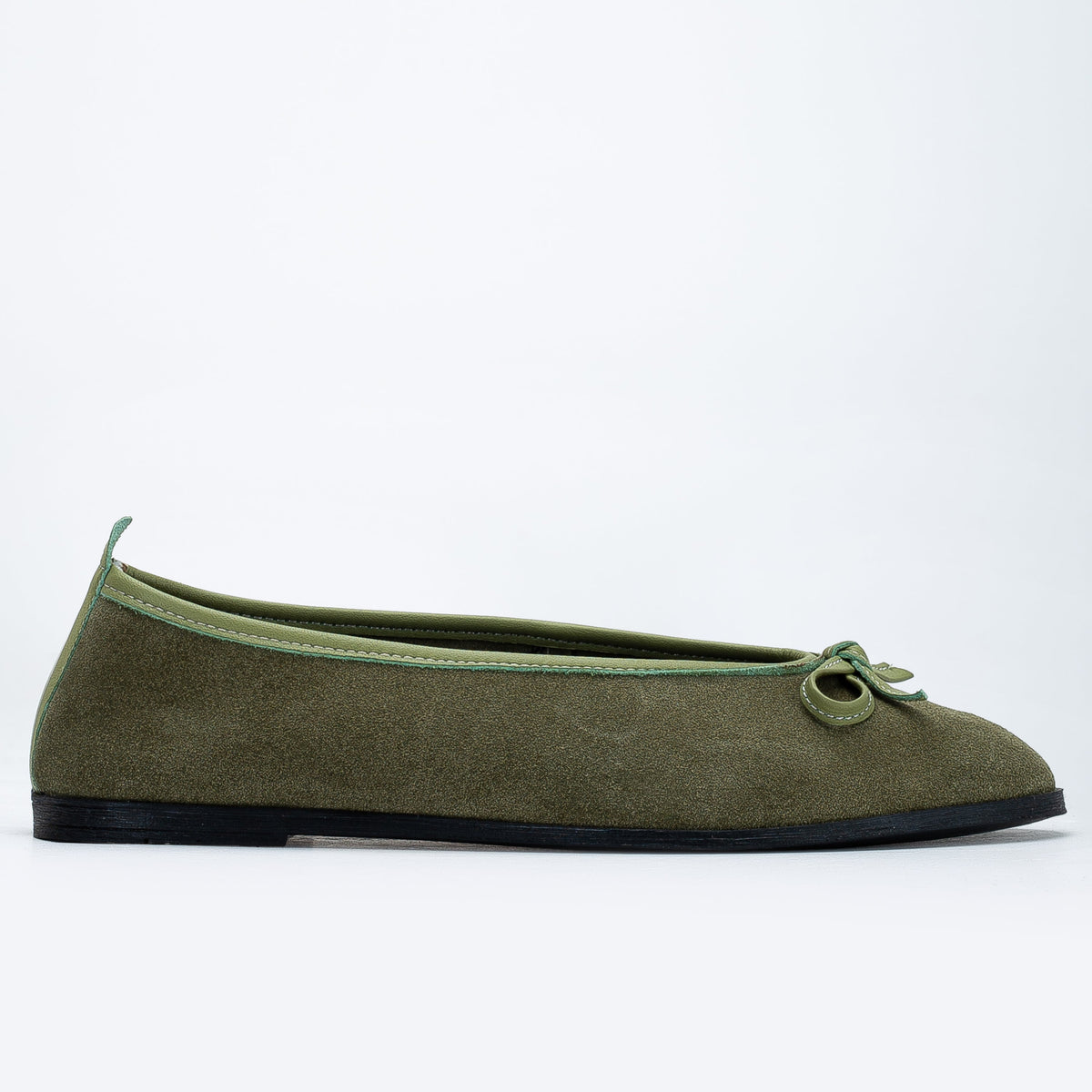 Freya - Khaki Suede Ballerina Flats – side view showing bow, leather, suede, Vowalisse