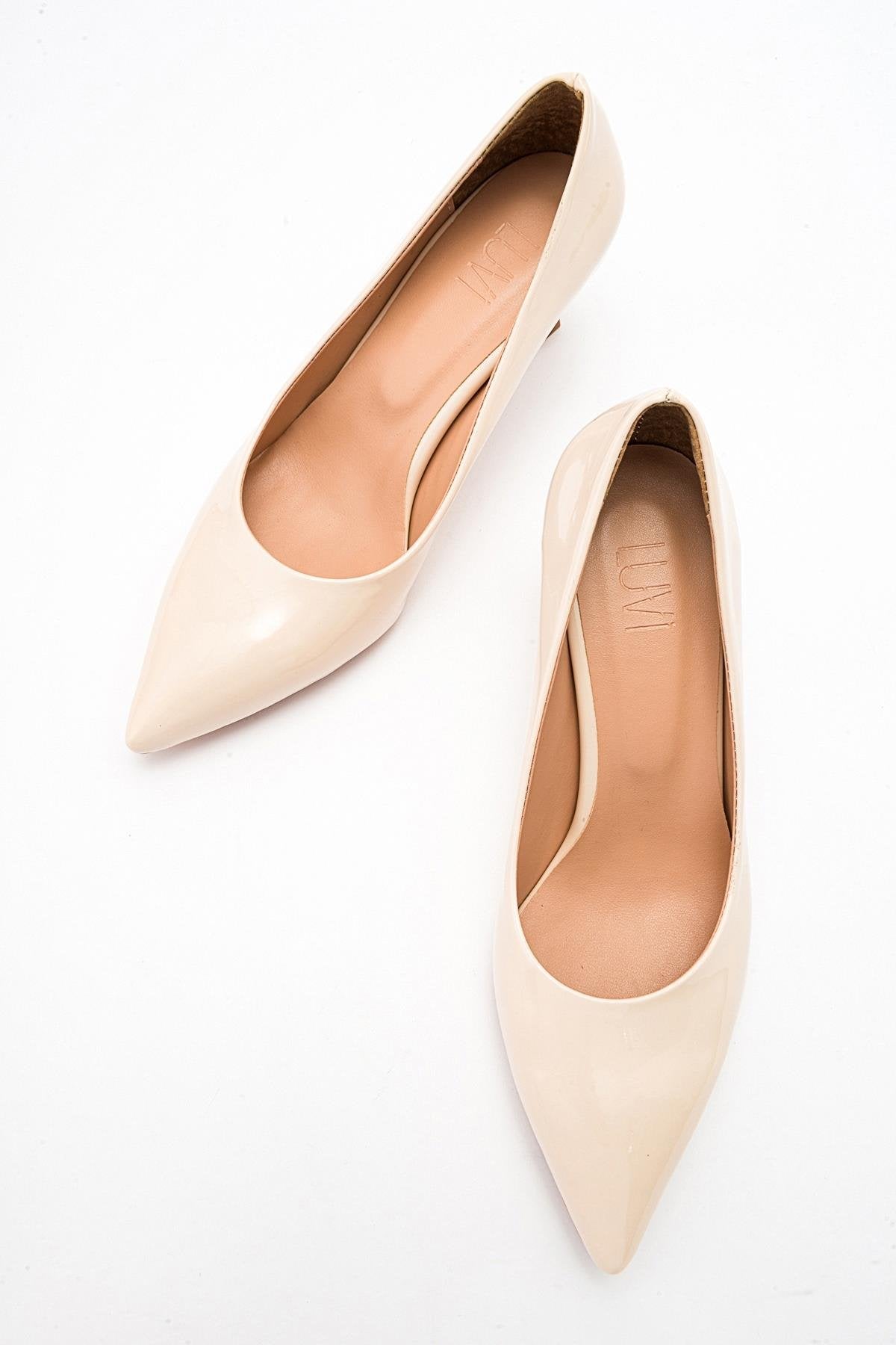 Pedra - Nude Heeled Shoe – detail view showing leather, nude, red, Vowalisse