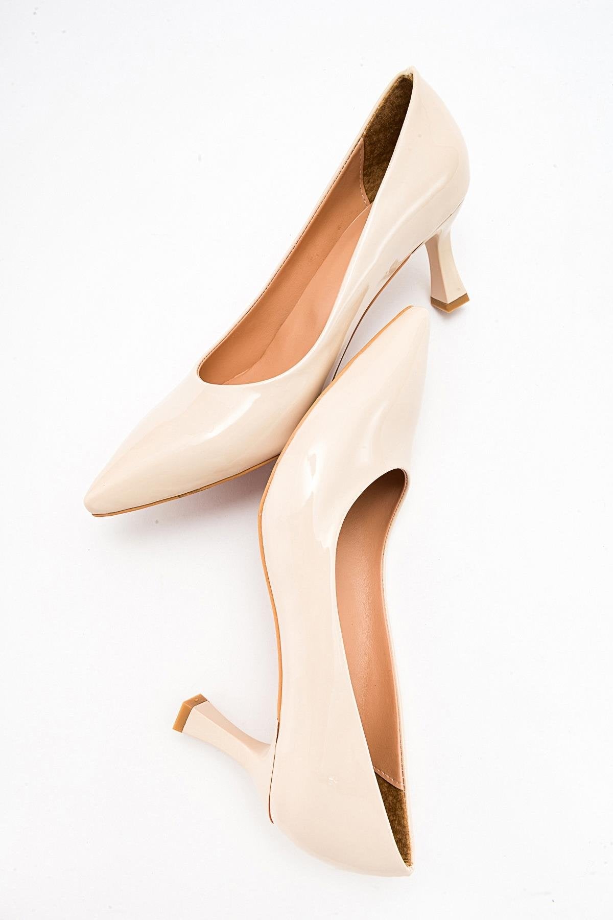 Pedra - Nude Heeled Shoe – heel view showing leather, nude, red, Vowalisse