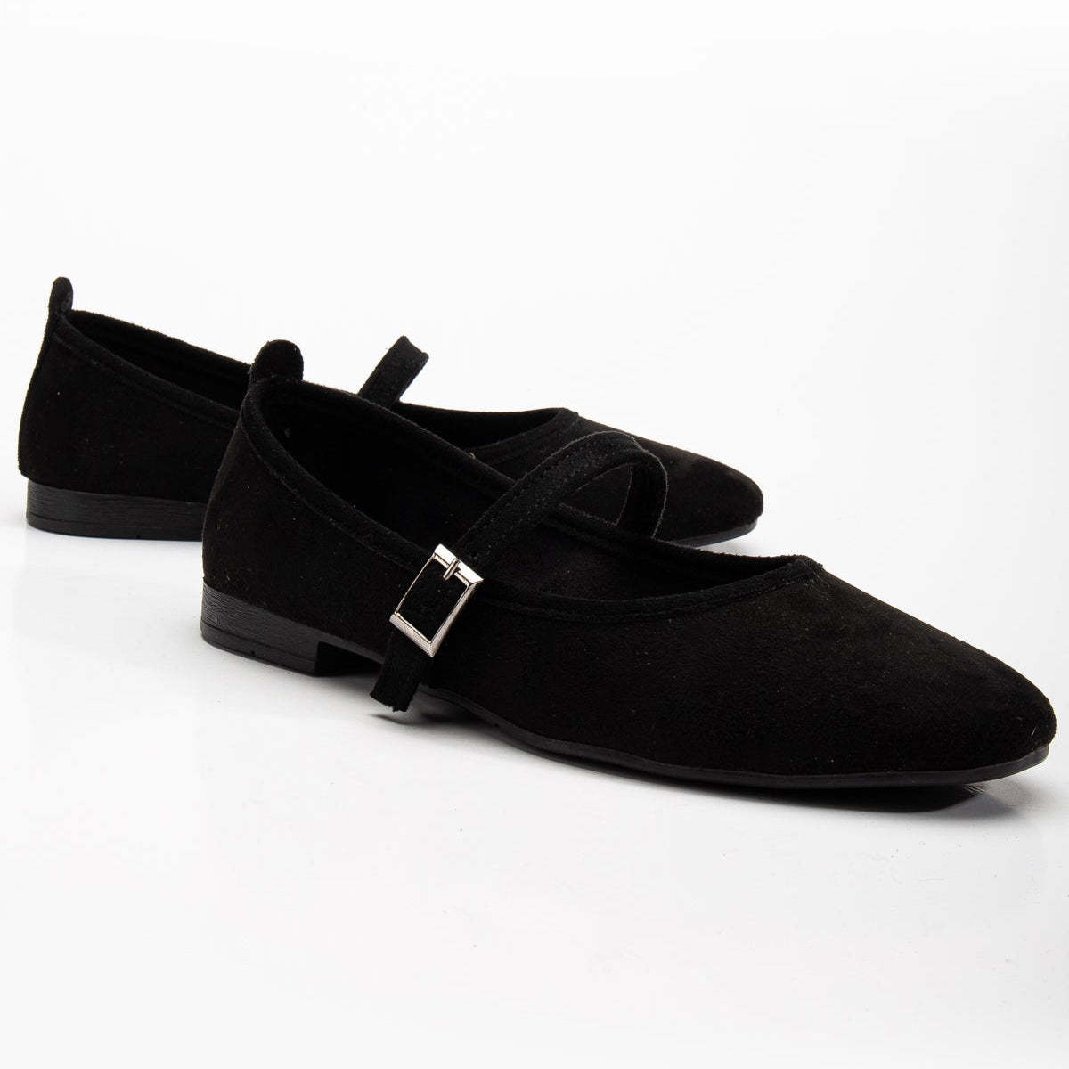 Emilie - Black Suede Mary Jane Flats – side view showing leather, suede, black, Vowalisse