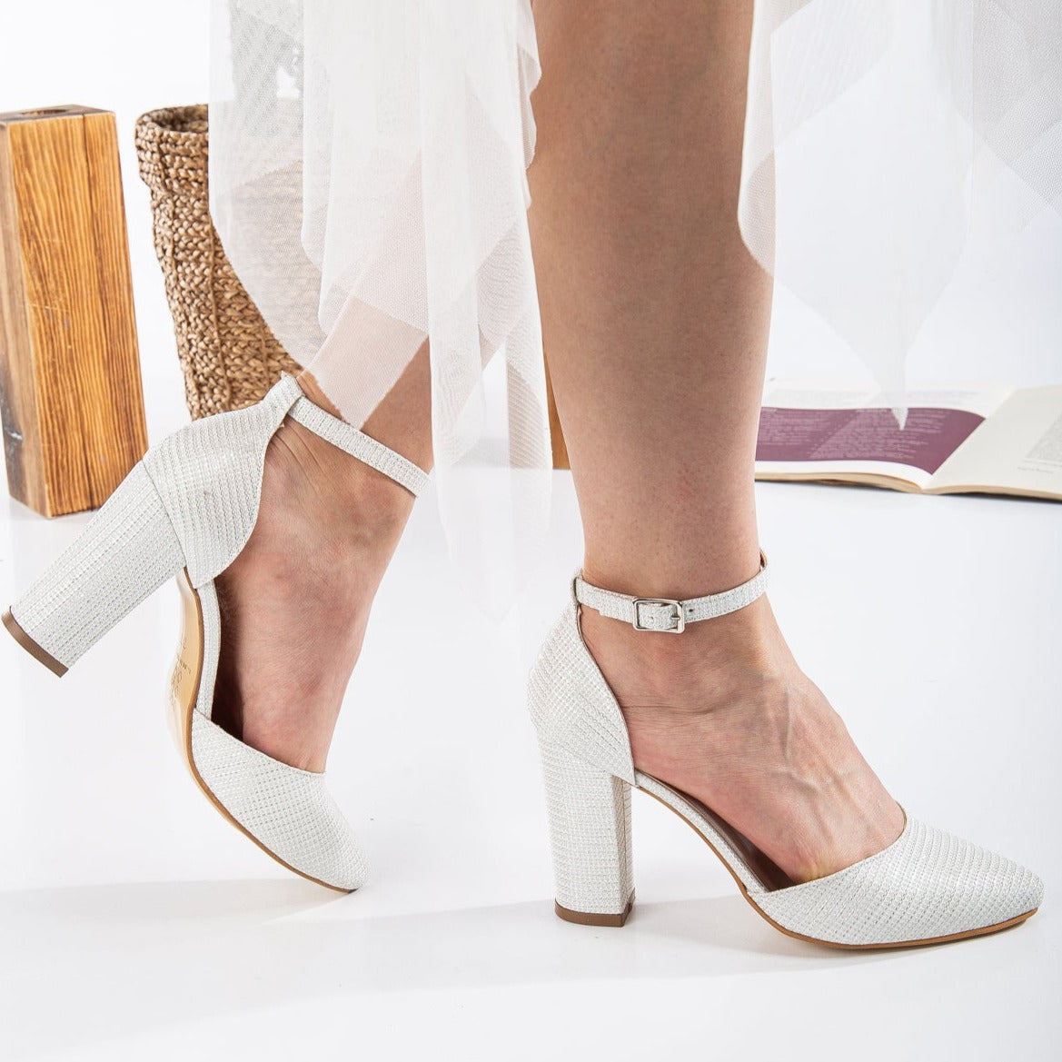 Gisele - White Glitter Wedding Heels – heel view showing leather, glitter, ivory, Vowalisse