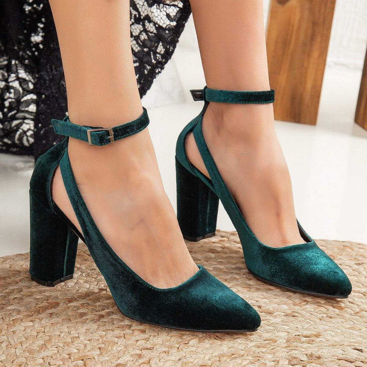 Colette - Emerald Green Velvet Heels – detail view showing velvet, green, Vowalisse