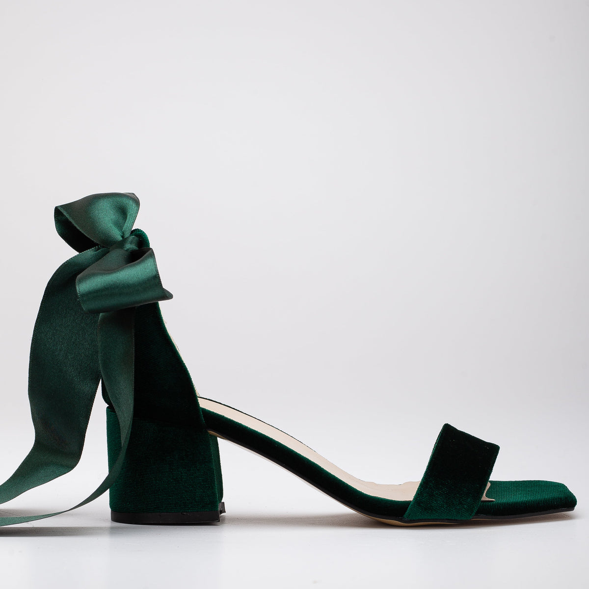 Athena - Green Velvet Sandals with Ribbon – front three-quarter view showing satin, velvet, red, Vowalisse