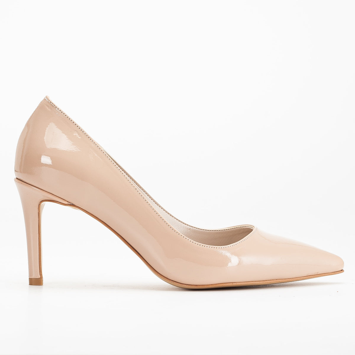 Perla - Beige Pointed Toe Stiletto Pump – front three-quarter view showing leather, red, Vowalisse