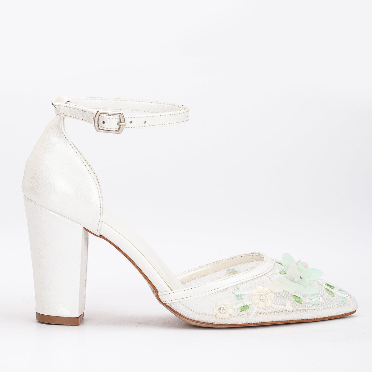 Ivy - Ivory 3D Floral Lace Wedding Shoes – front three-quarter view showing pearl, lace, leather, Vowalisse