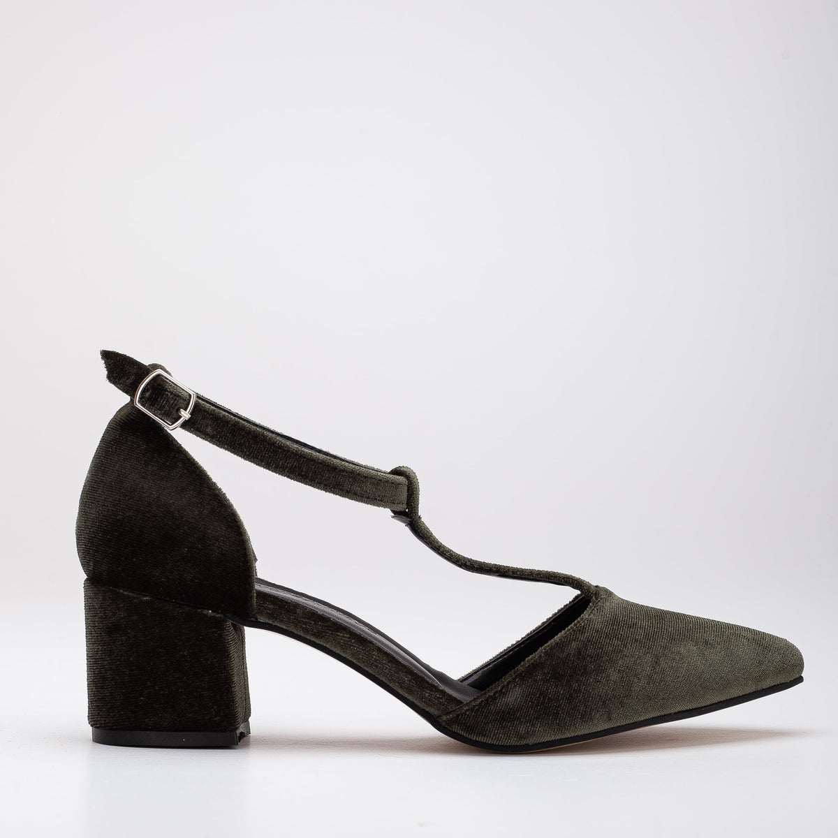 Anicette - Olive Green Velvet Pumps – front three-quarter view showing velvet, green, Vowalisse