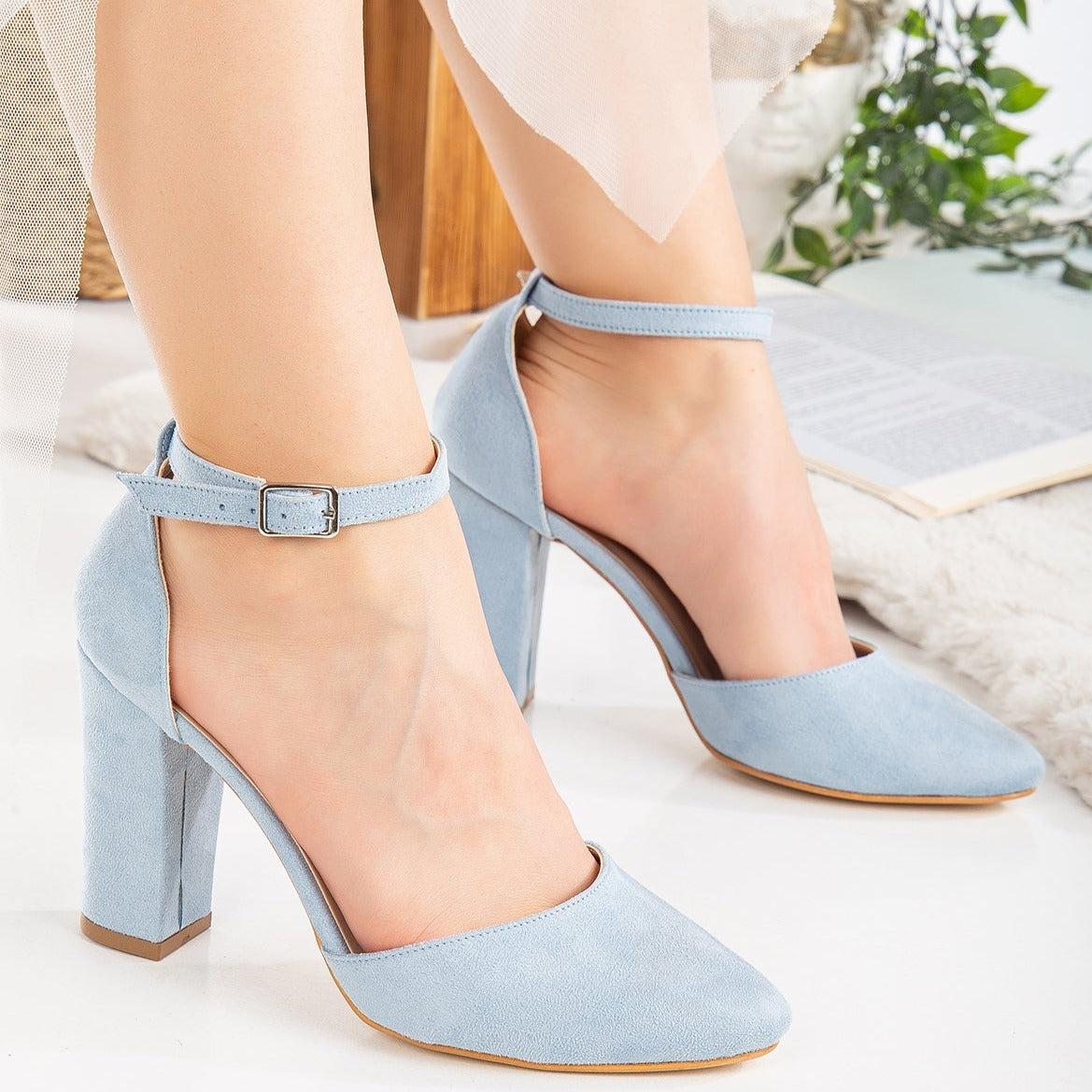 Denise - Baby Blue Suede Wedding Heels with Pearls – pair view showing pearl, leather, suede, Vowalisse