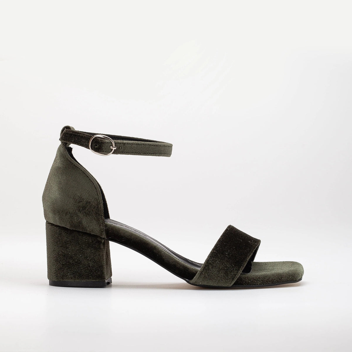 Iva - Olive Green Velvet Low Heel Sandals – front three-quarter view showing velvet, green, Vowalisse