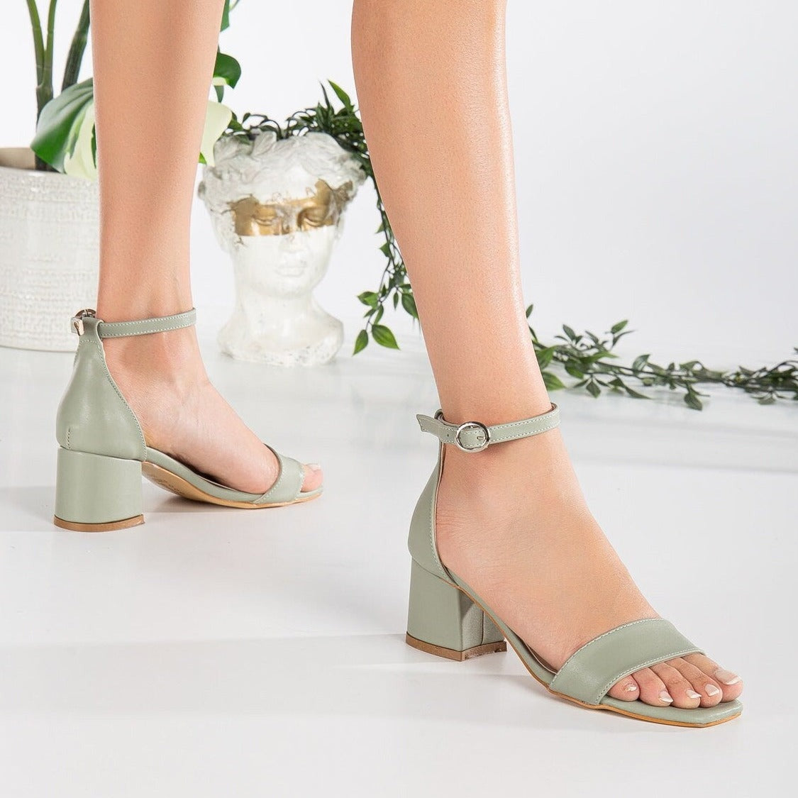 Iva - Sage Green Low Heel – back view showing leather, green, Vowalisse