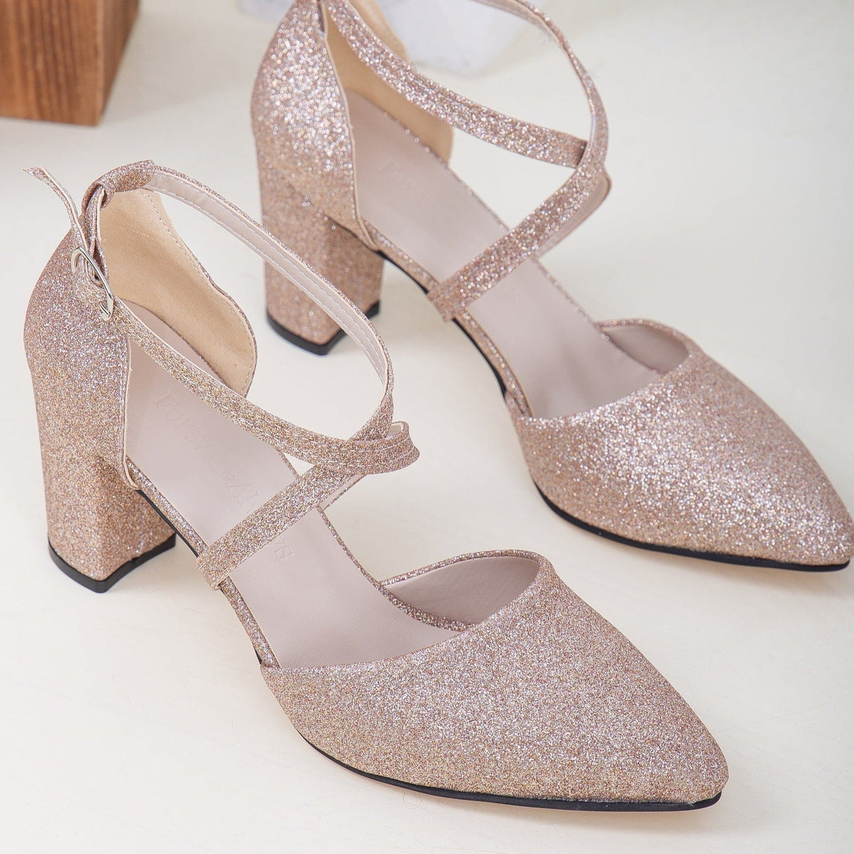 Sina - Rose Gold Glitter Bridal Heels – back view showing leather, glitter, gold, Vowalisse