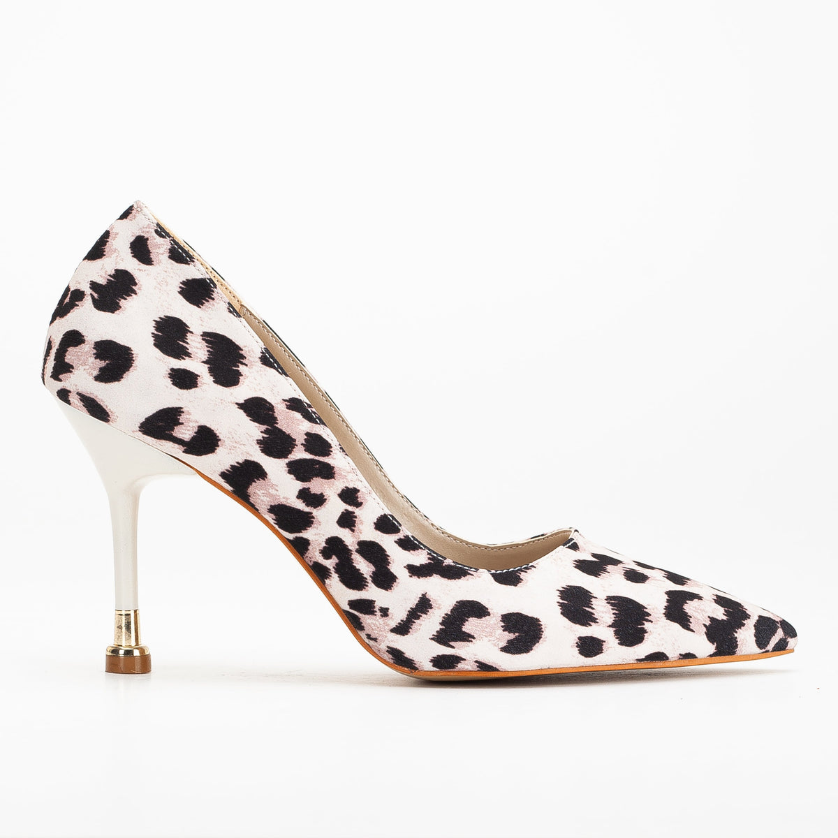 Raven - White Leopard Suede Pointed Toe Stiletto Pump – front three-quarter view showing leather, suede, white, Vowalisse