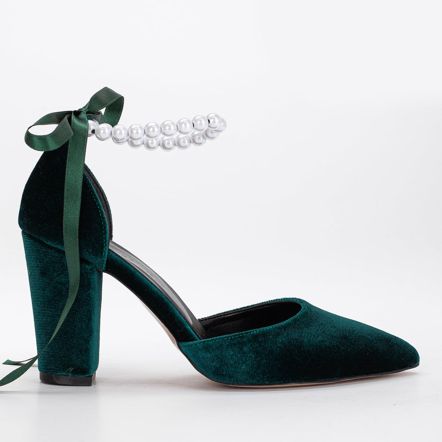 Agnes - Emerald Green Velvet Pearl Heels