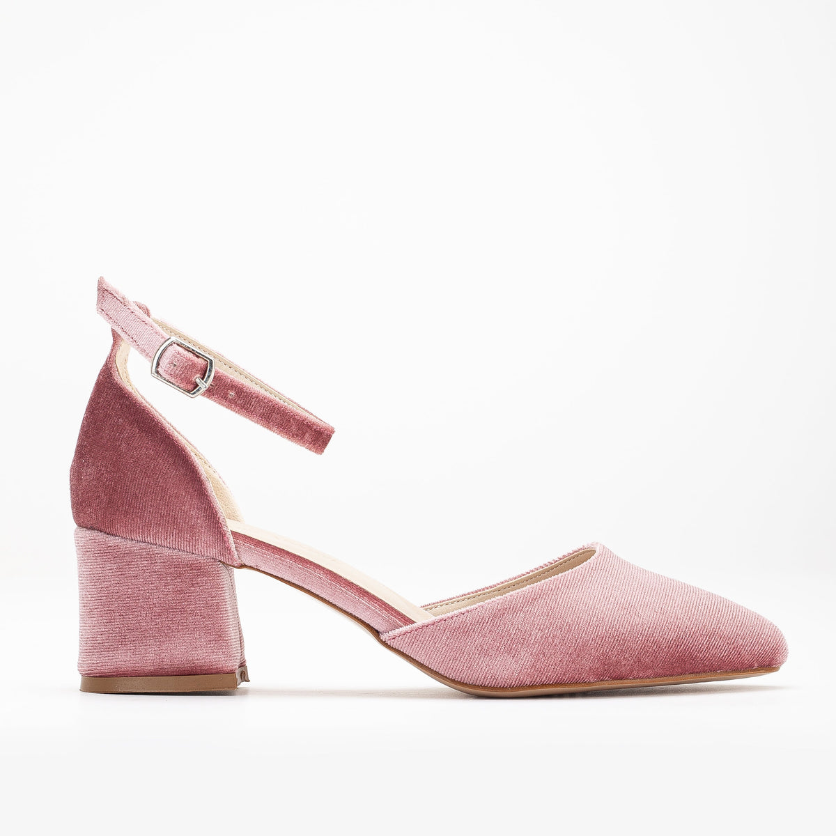 Marcelle - Rose Velvet Low Heels – front three-quarter view showing velvet, pink, Vowalisse