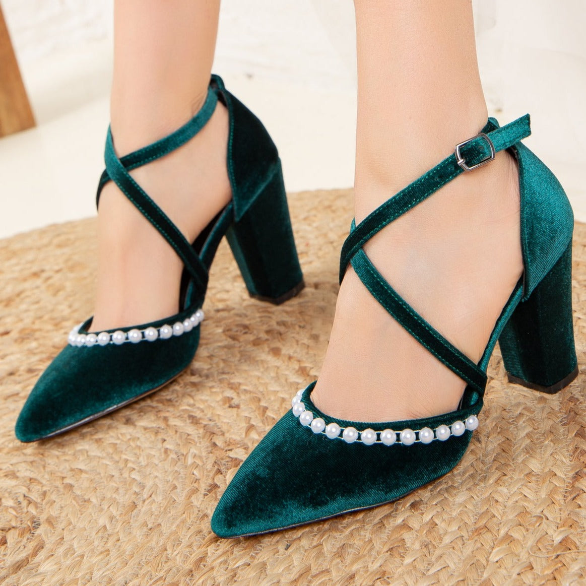 Sina - Green Velvet Pearl Heels – heel view showing pearl, velvet, green, Vowalisse