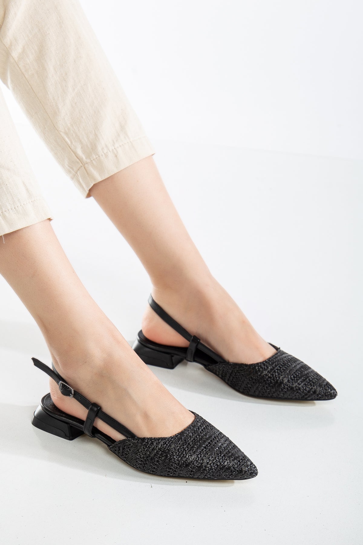 Riley - Black Woven Slingback Flats – side view showing leather, black, red, Vowalisse