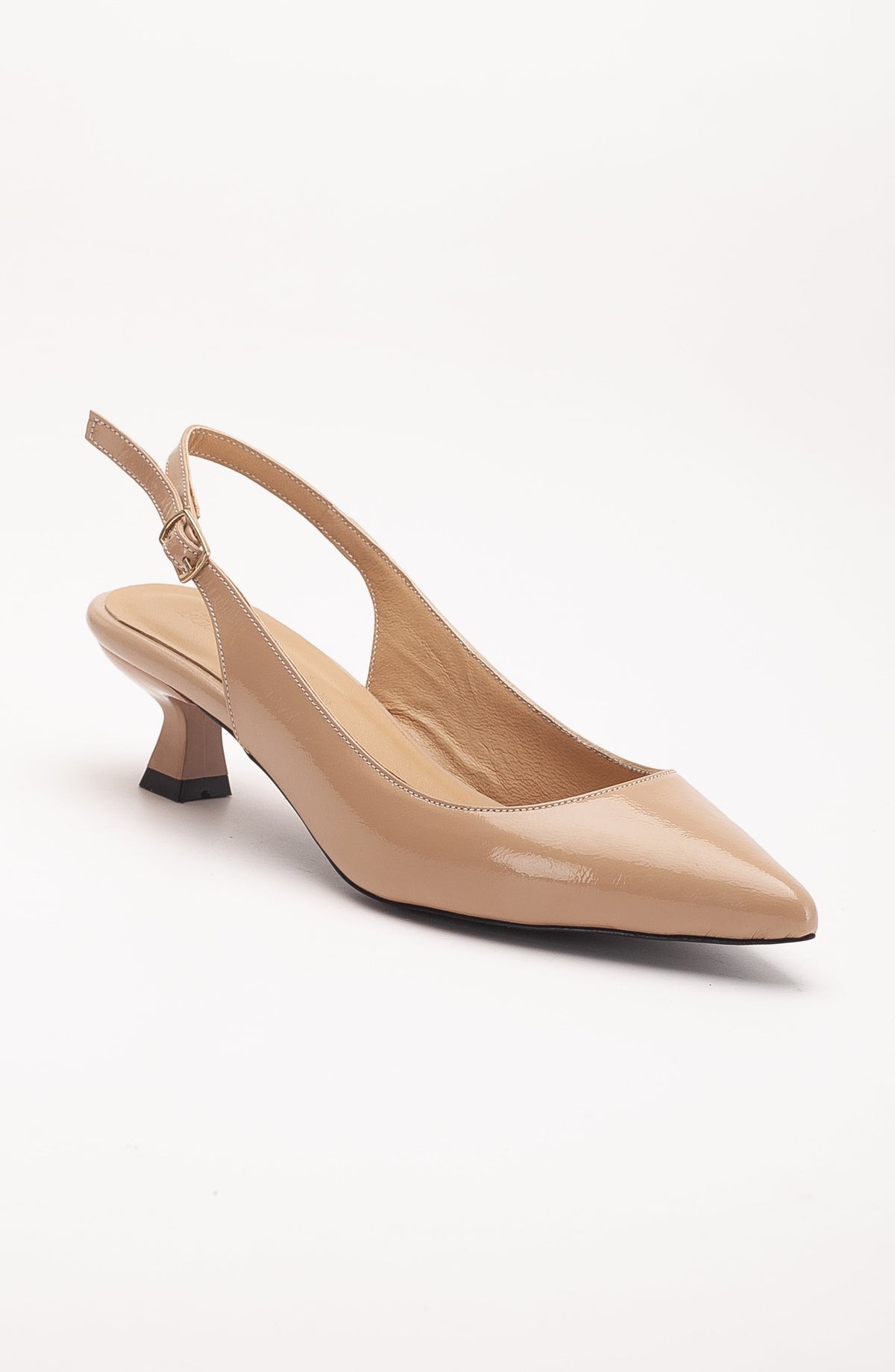 Lety - Beige Patent Leather Slingback Pumps – front three-quarter view showing leather, gold, red, Vowalisse