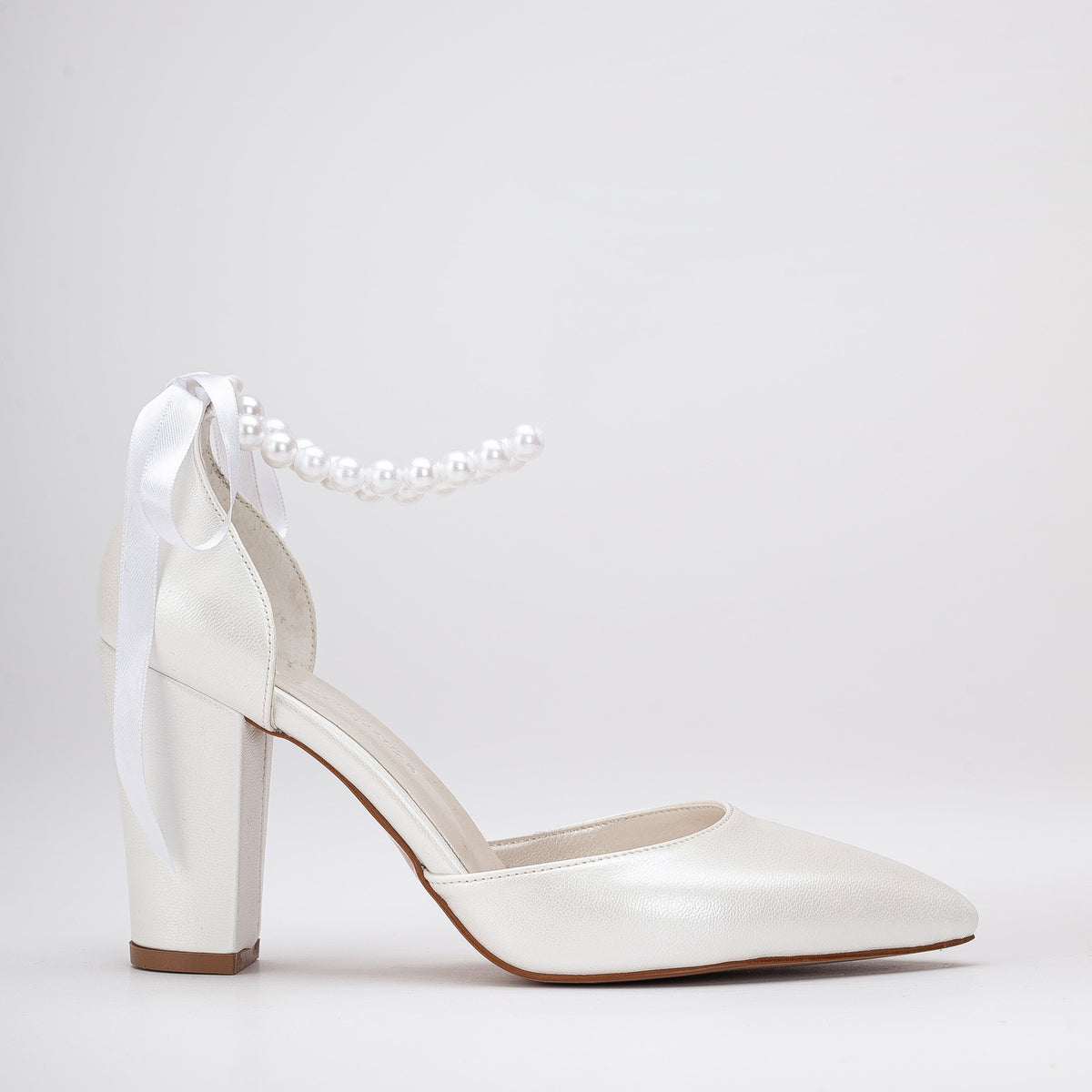 Agnes - Ivory Pearl Wedding Heels – front three-quarter view showing pearl, leather, ivory, Vowalisse