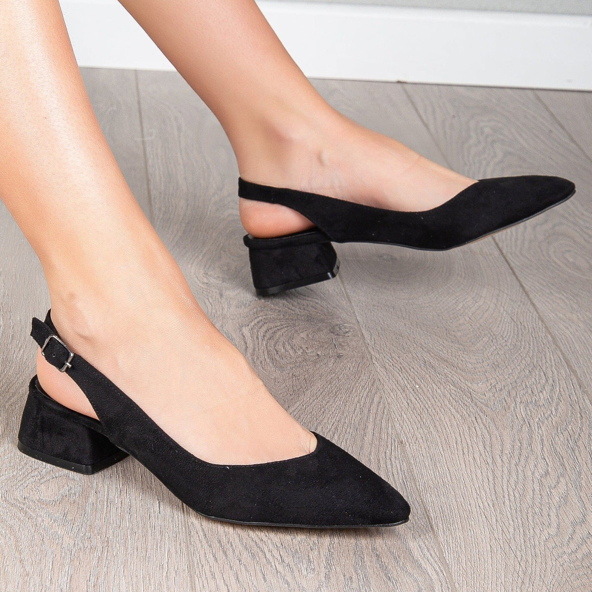 Emma - Black Suede Slingback Shoes – heel view showing suede, black, Vowalisse