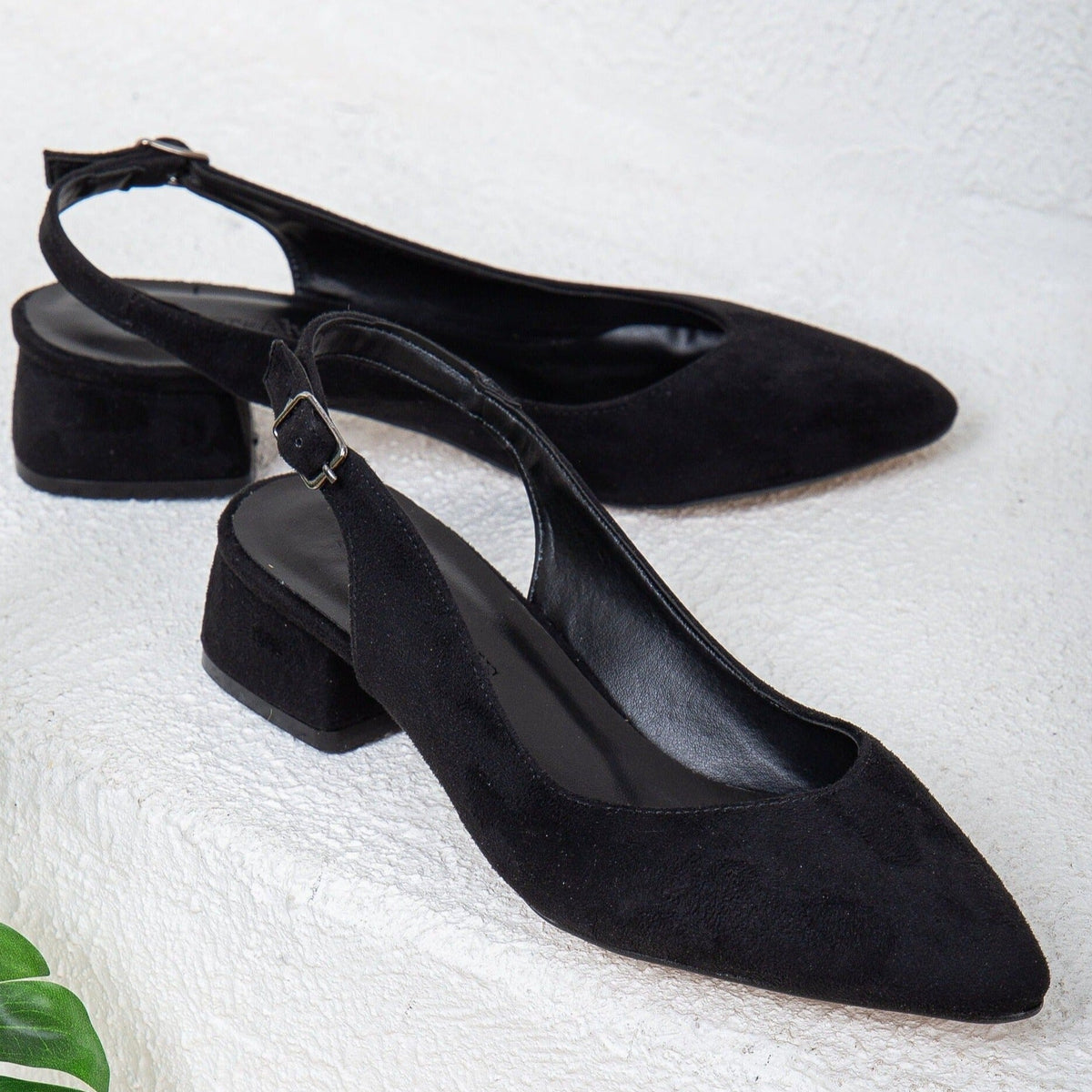 Emma - Black Suede Slingback Shoes – back view showing suede, black, Vowalisse