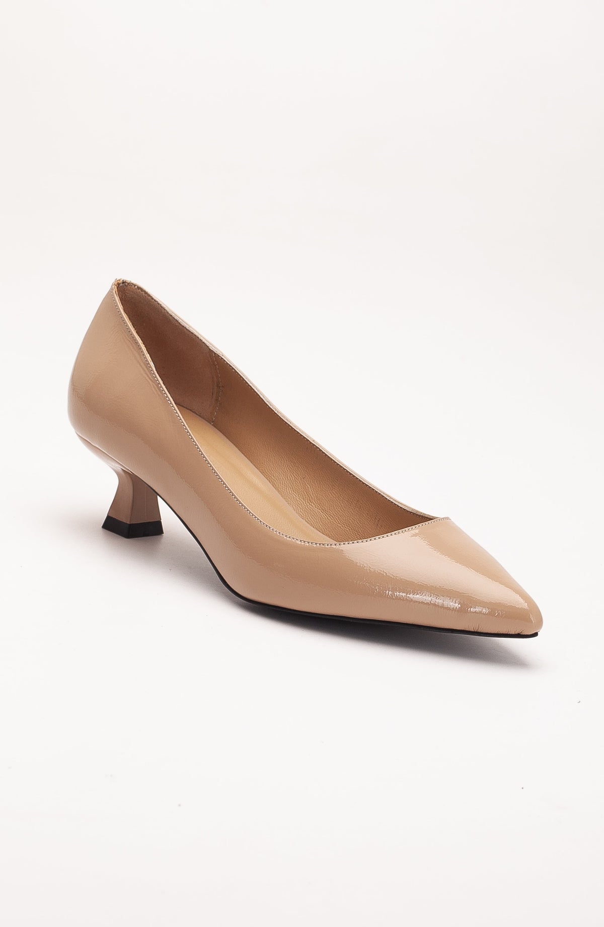 Helly - Beige Patent Leather Stiletto Pumps – front three-quarter view showing leather, red, Vowalisse