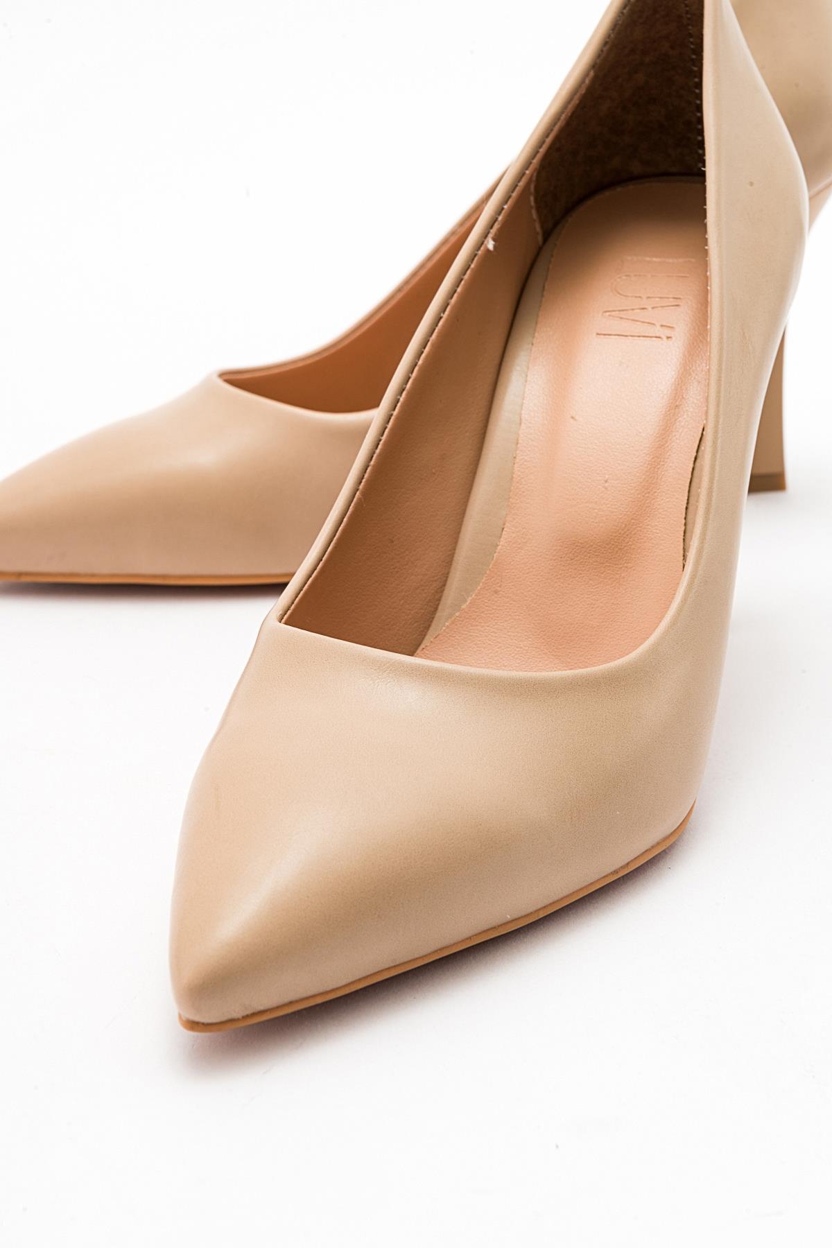Forest Beige Cilt Pointed Toe Pump – top view showing leather, Vowalisse