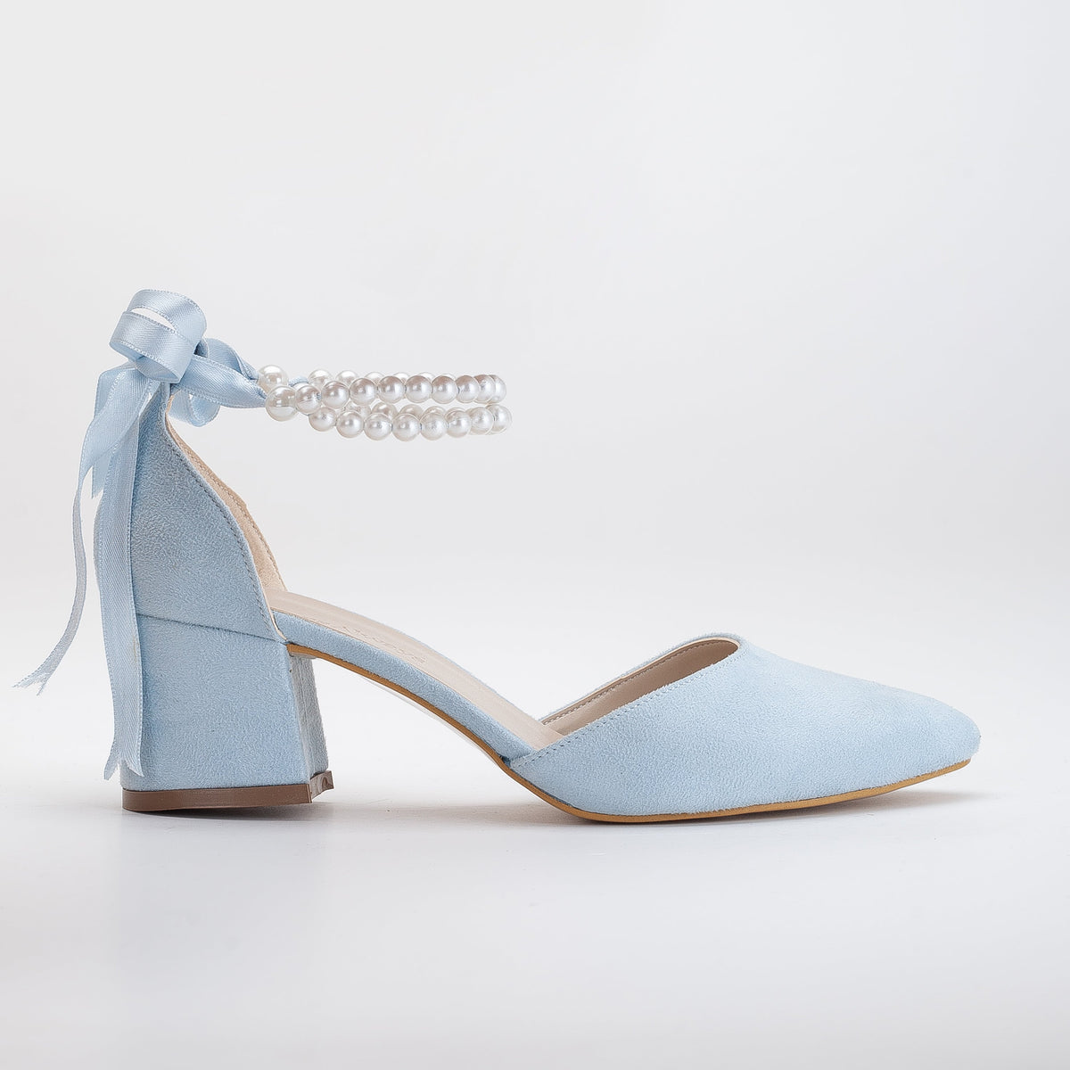 Miranda - Baby Blue Pumps with Pearls – front three-quarter view showing pearl, leather, suede, Vowalisse