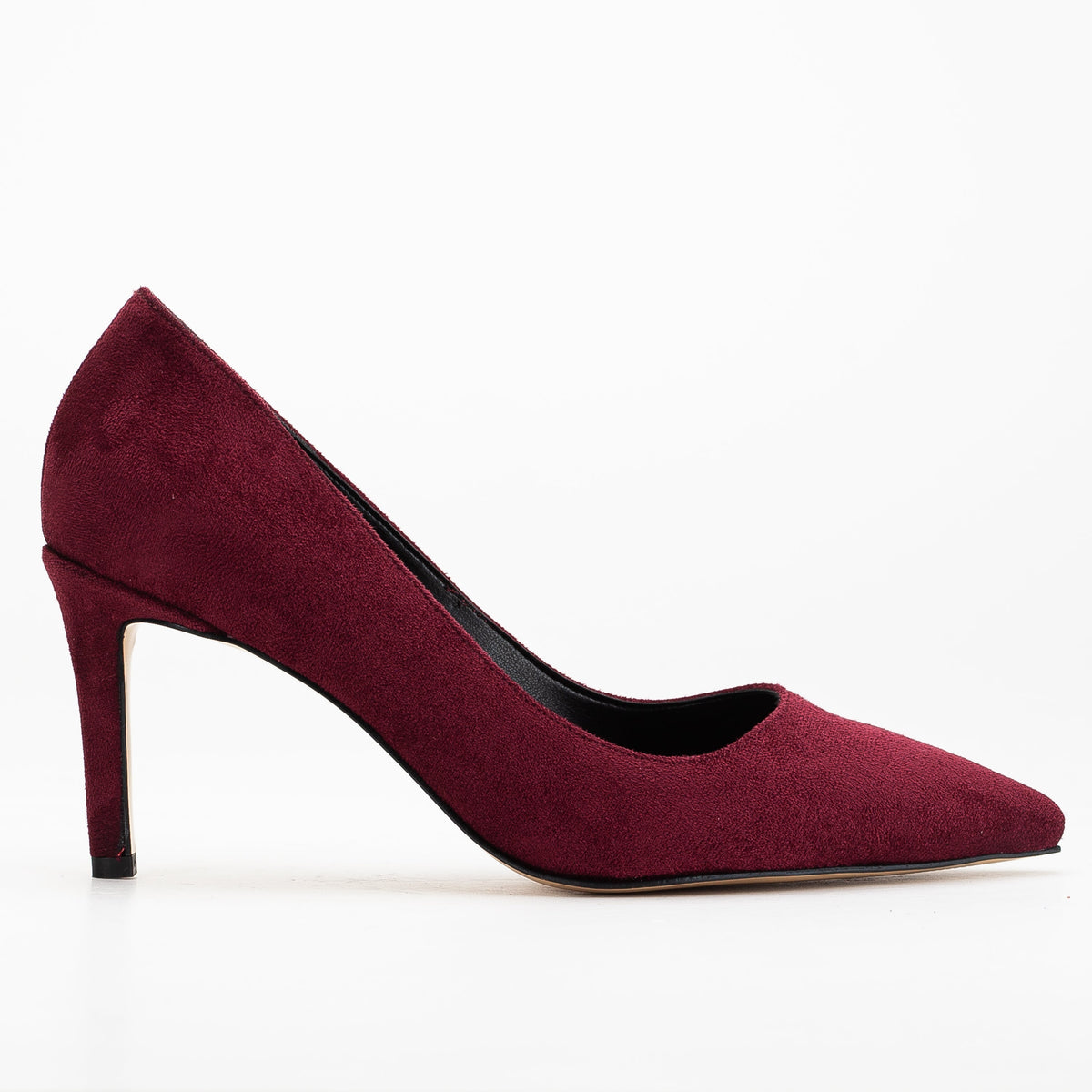 Perla - Burgundy Suede Pointed Toe Stiletto Pump – front three-quarter view showing leather, suede, red, Vowalisse