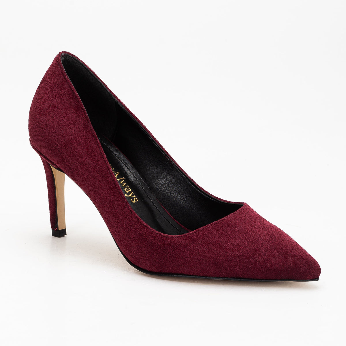 Perla - Burgundy Suede Pointed Toe Stiletto Pump – side view showing leather, suede, red, Vowalisse