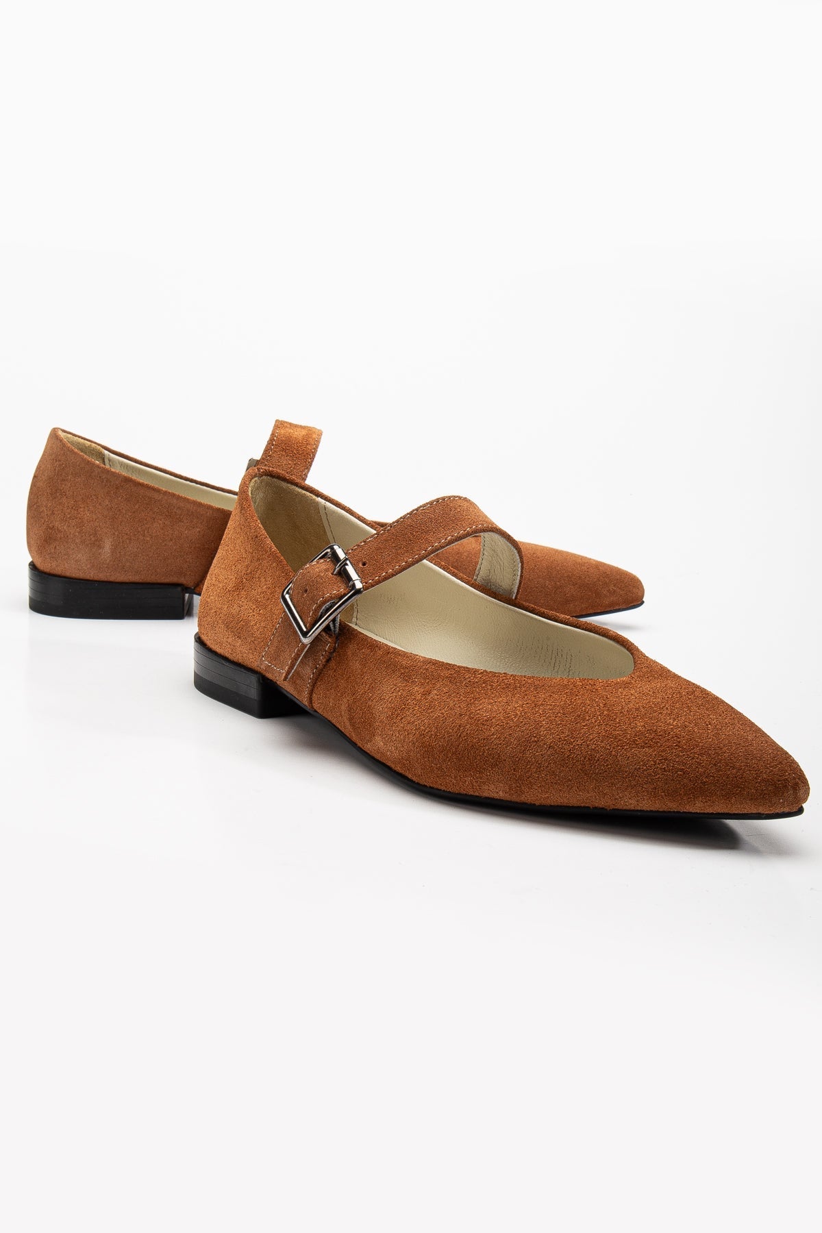 Willow - Cognac Brown Suede Leather Mary Jane Flats – front three-quarter view showing leather, suede, Vowalisse
