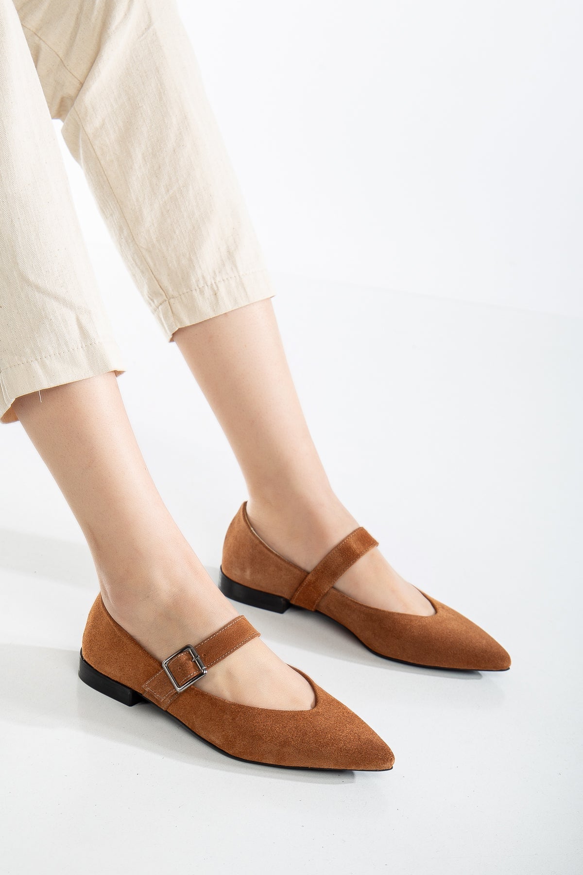 Willow - Cognac Brown Suede Leather Mary Jane Flats – side view showing leather, suede, Vowalisse
