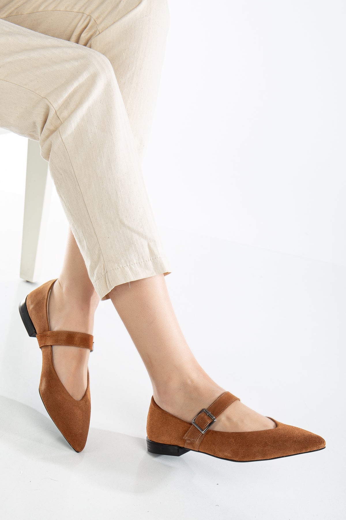 Willow - Cognac Brown Suede Leather Mary Jane Flats – detail view showing leather, suede, Vowalisse