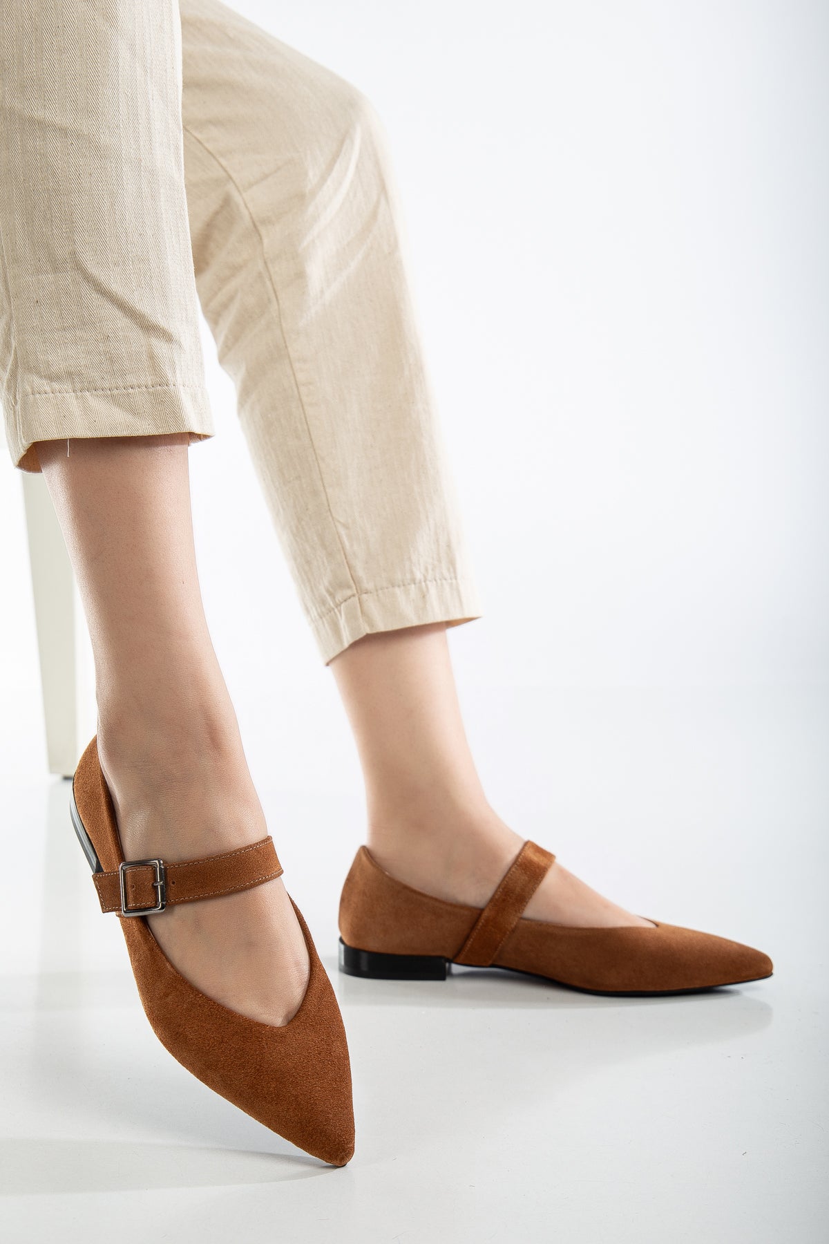 Willow - Cognac Brown Suede Leather Mary Jane Flats – heel view showing leather, suede, Vowalisse