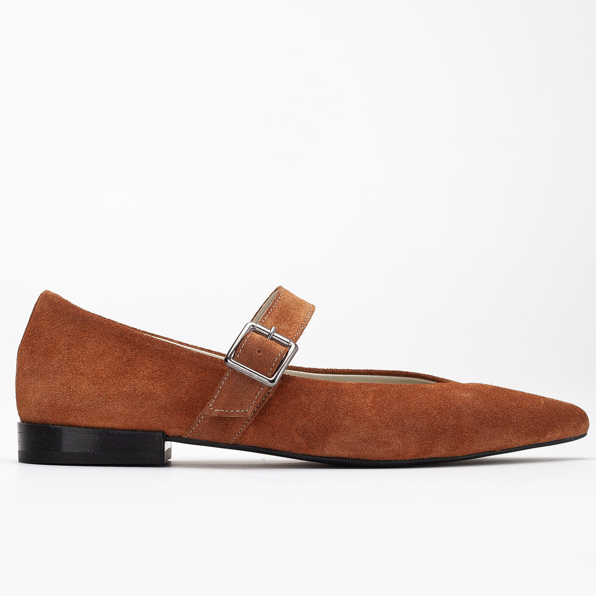 Willow - Cognac Brown Suede Leather Mary Jane Flats – back view showing leather, suede, Vowalisse