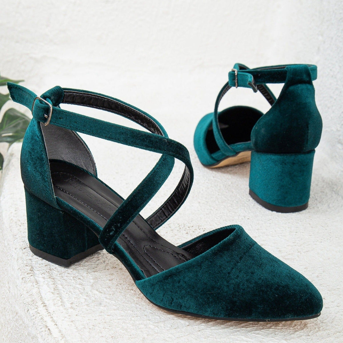 Dolly - Emerald Green Velvet Heels – heel view showing velvet, green, Vowalisse