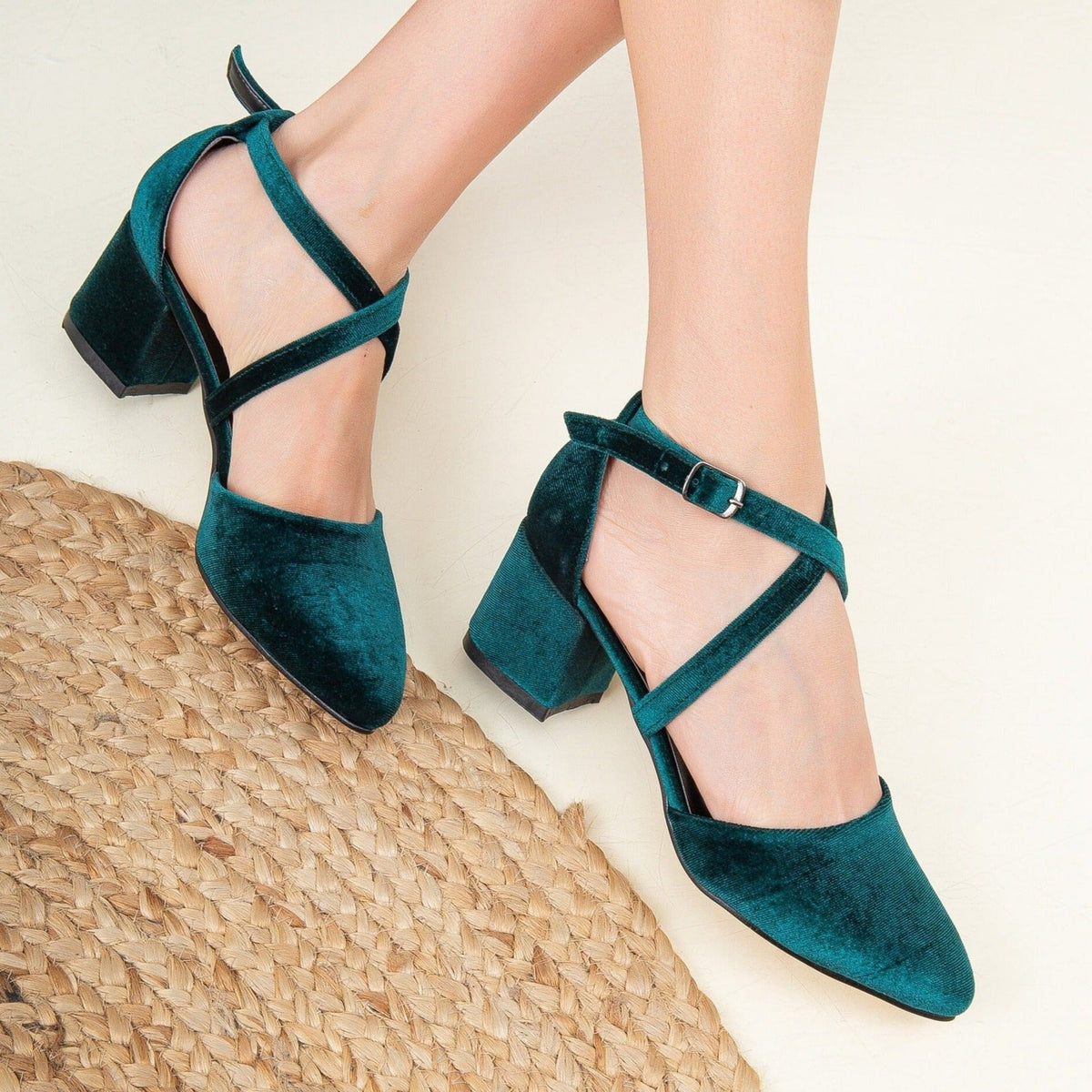 Dolly - Emerald Green Velvet Heels – back view showing velvet, green, Vowalisse