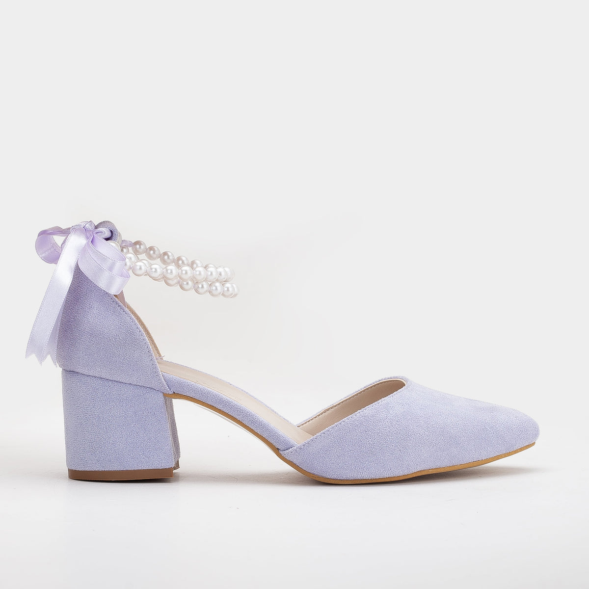 Miranda - Lilac Bridal Shoes with Pearls – front three-quarter view showing pearl, leather, suede, Vowalisse